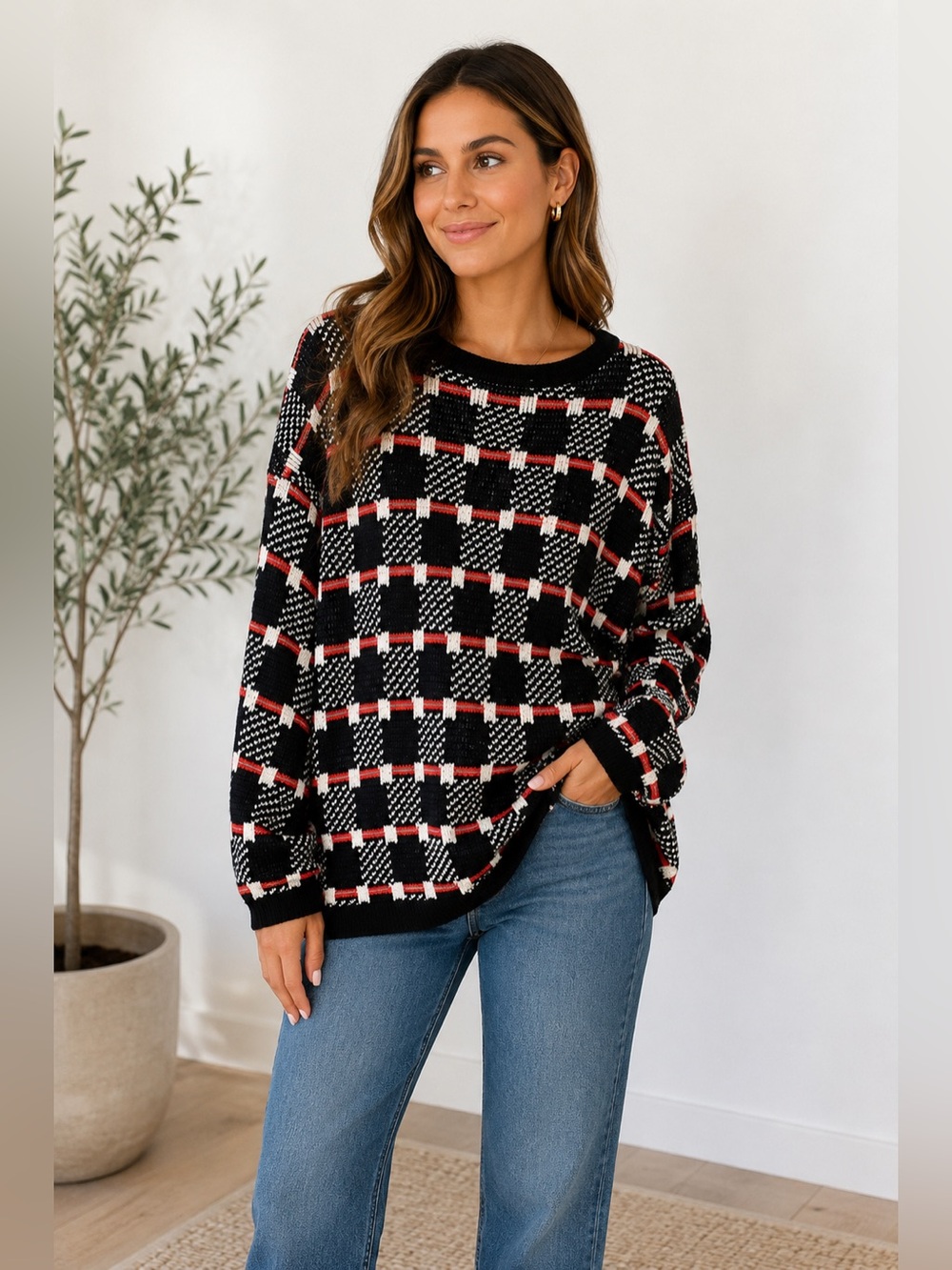 Brass Plum Sweater Womens L Black Good Vintage 90s Plaid Textured Knit Oversized